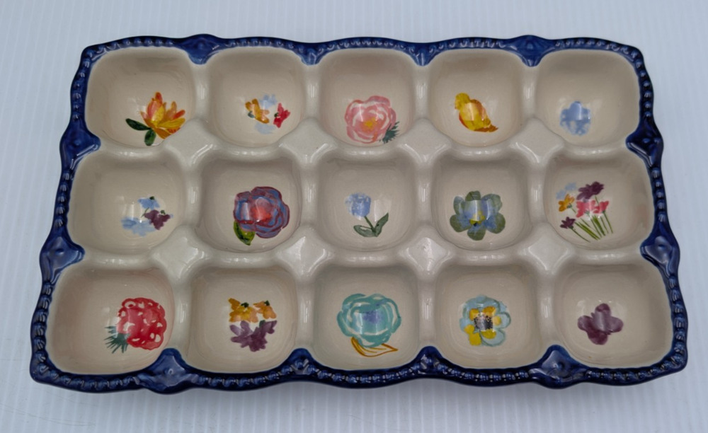 The Pioneer Woman Celia 15 Egg Holder Tray Blue Floral Stoneware Retired 10x6